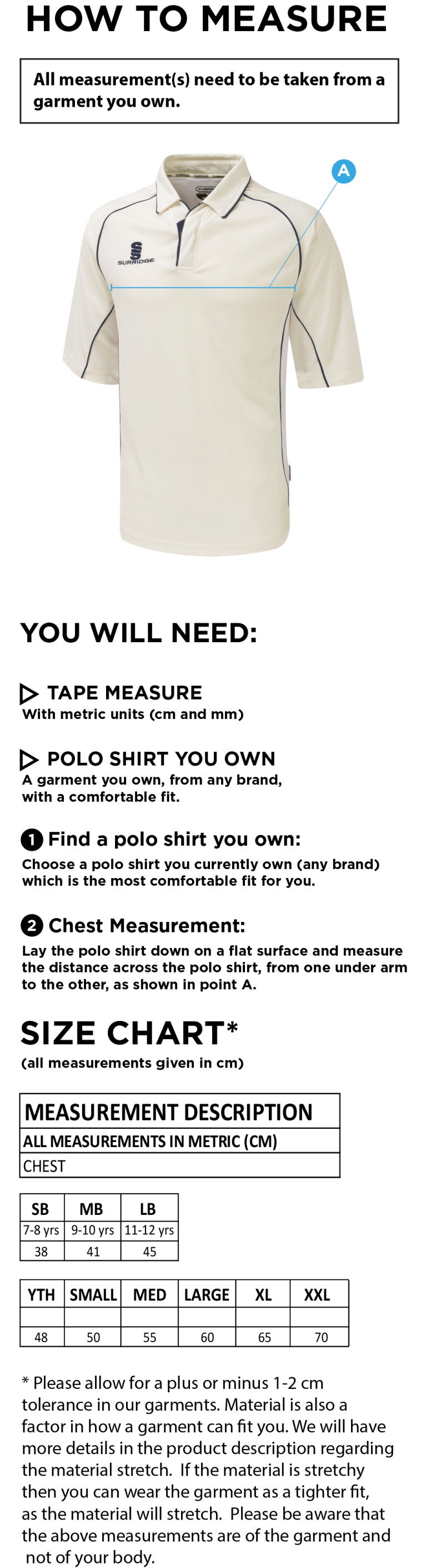 ALEXANDRA PARK Premier Cricket Shirt - Short Sleeve White - Size Guide