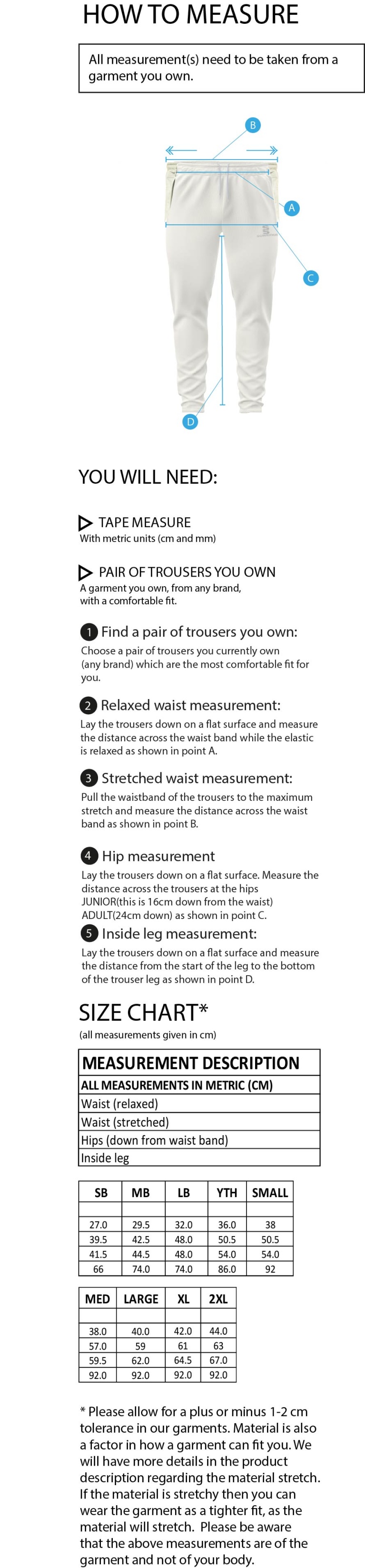 Alexandra Park CC Blade Playing Pant - Size Guide