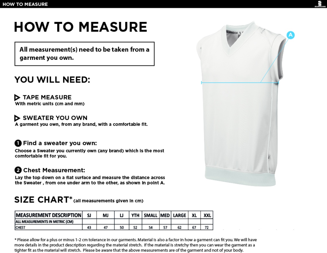 ALEXANDRA PARK Blast Sleeveless Cricket Sweater - Size Guide