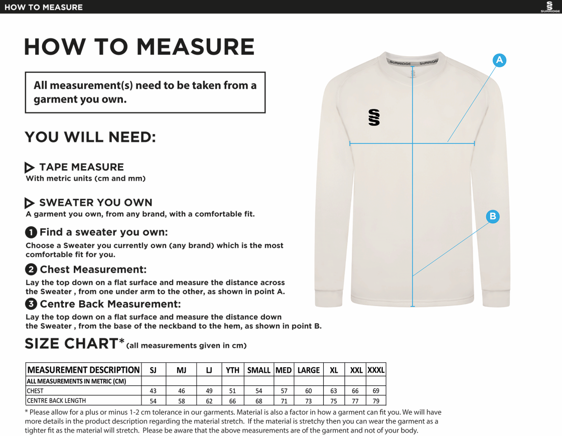 ALEXANDRA PARK Blast Long Sleeve Cricket Sweater - Size Guide