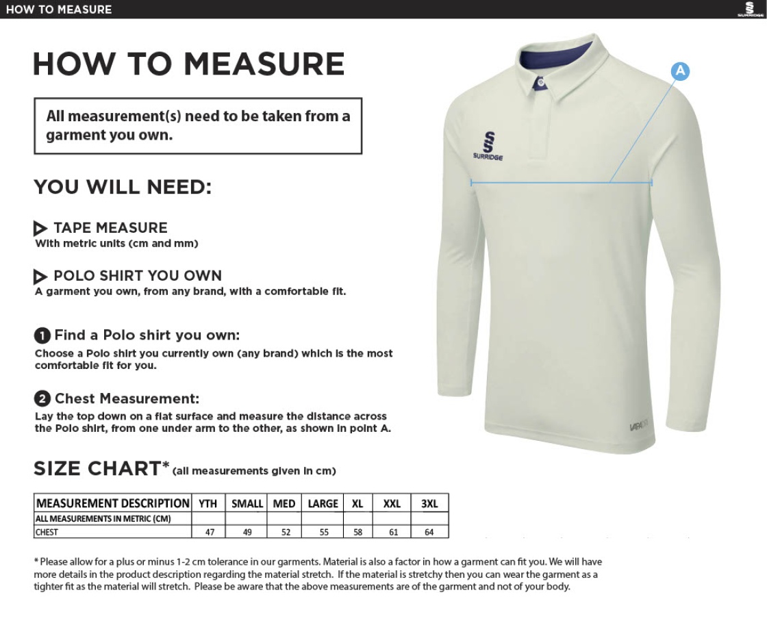 ALEXANDRA PARK Ergo Long Sleeve Cricket Shirt Navy - Size Guide