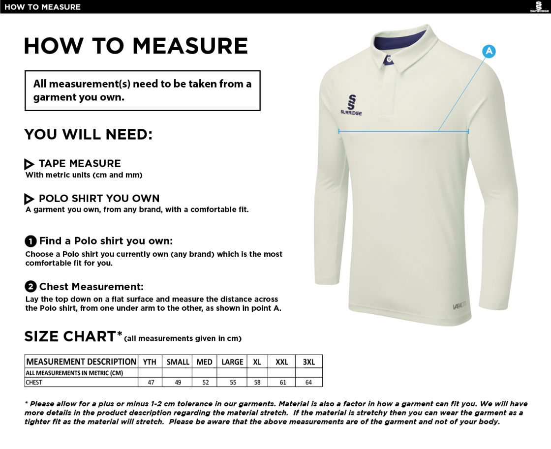 ALEXANDRA PARK FUSE LONG SLEEVE CRICKET SHIRT - Size Guide