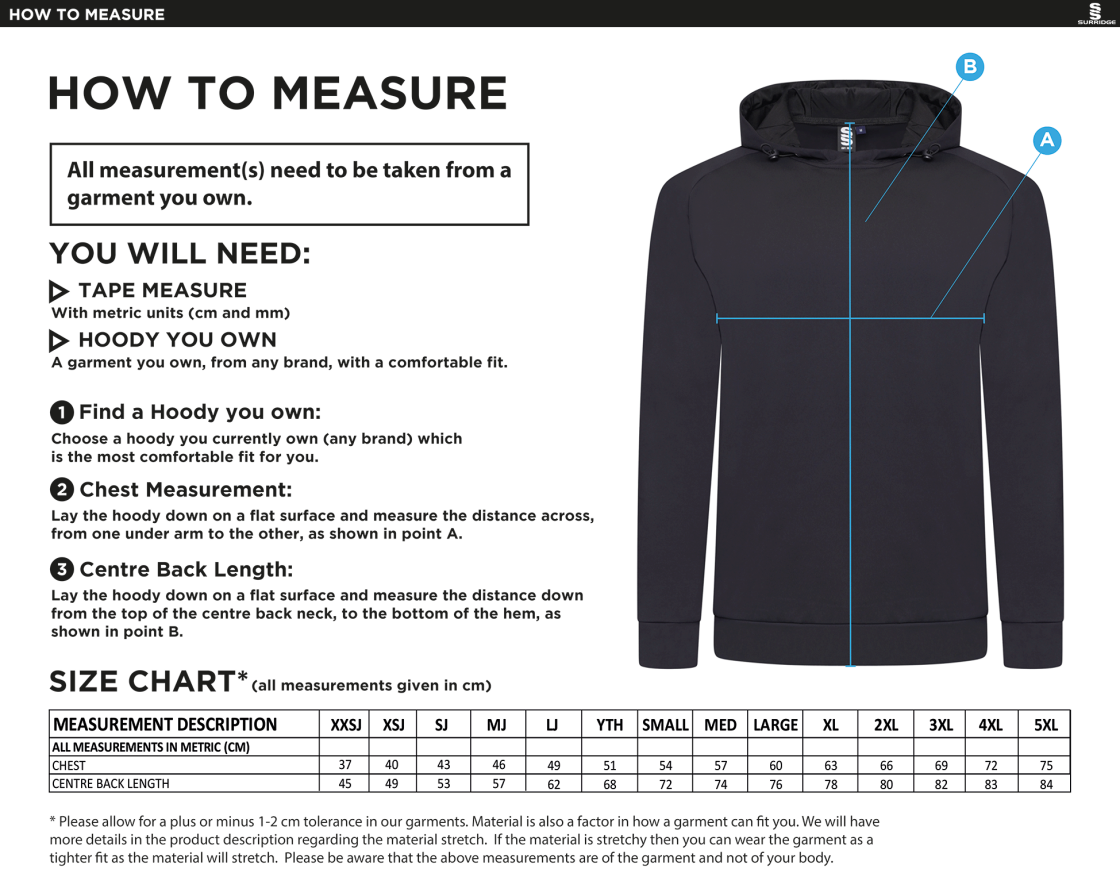Alexandra Park ACTIVE HOODY NAVY - Size Guide