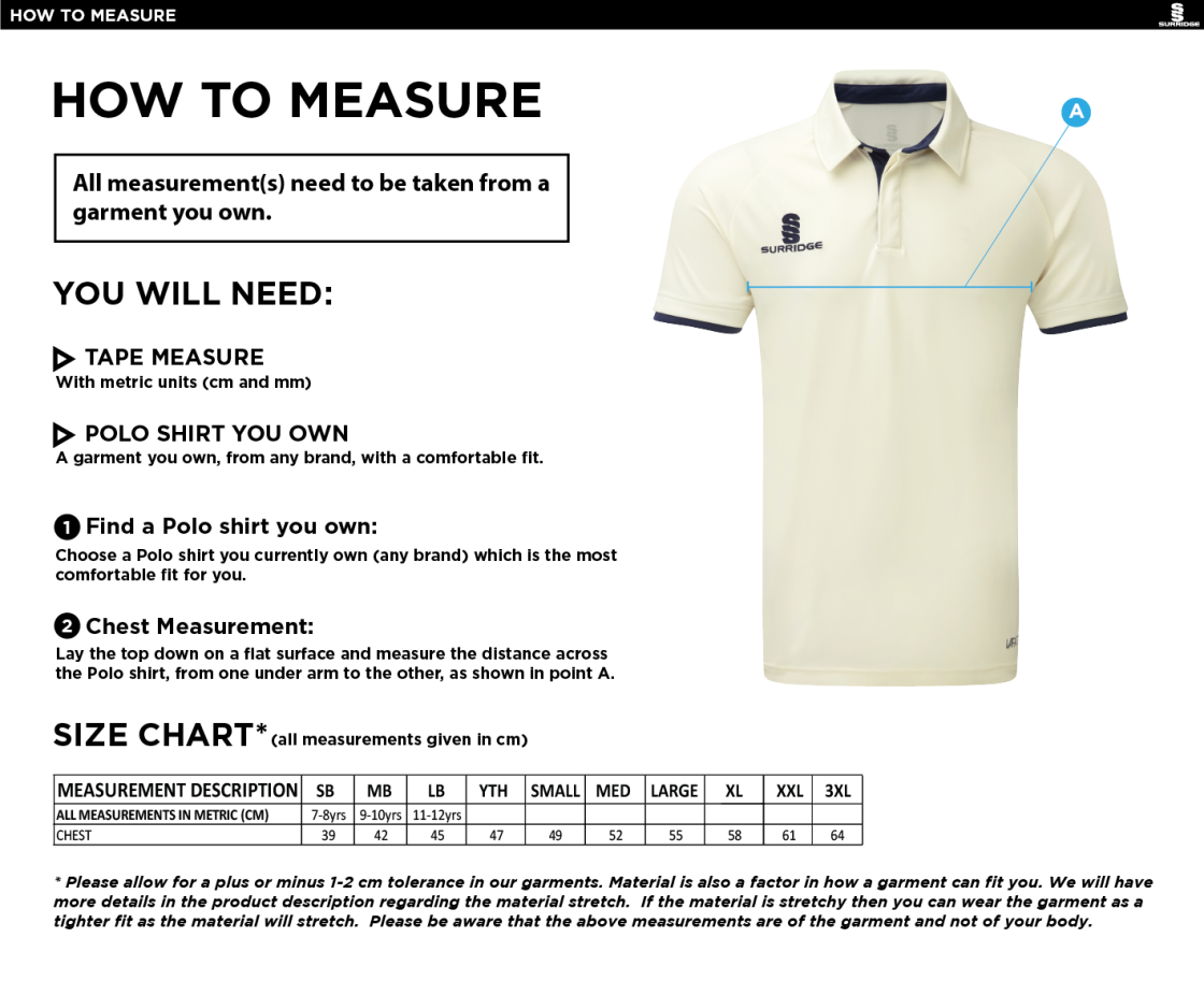 Alexandra Park CC S/S Ergo Playing Shirt - Size Guide