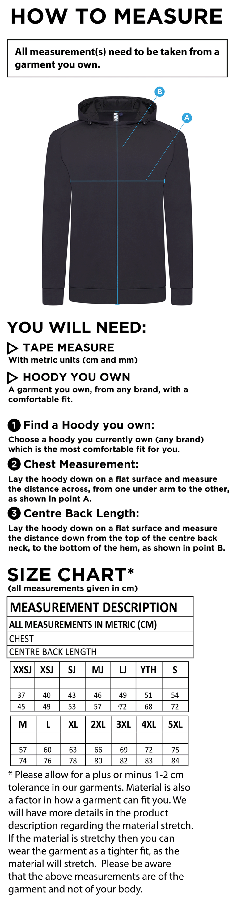 Alexandra Park ACTIVE HOODY NAVY - Size Guide