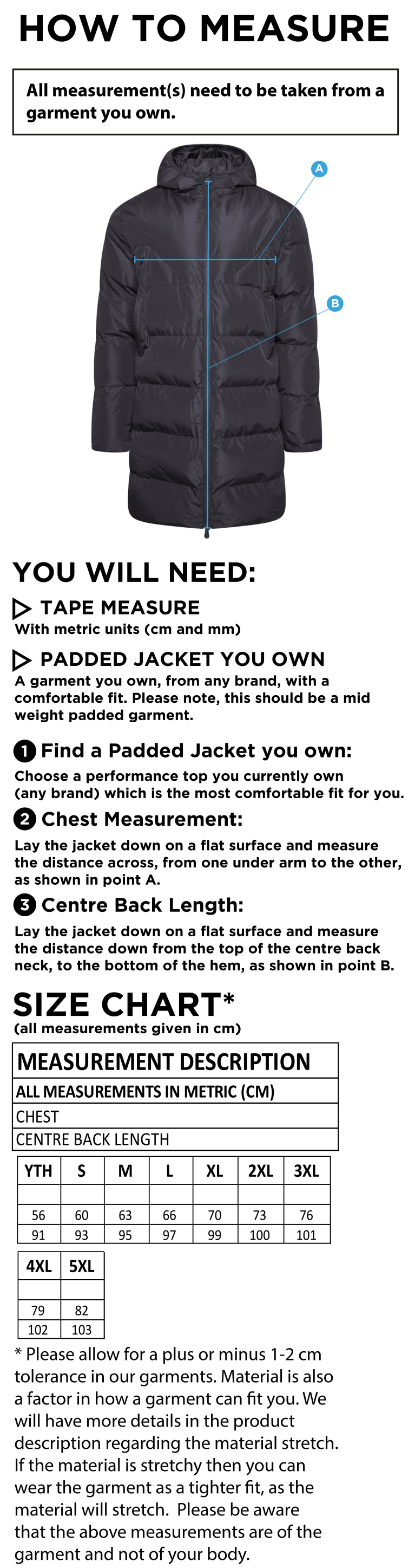 ACTIVE LONG PADDED JACKETS NAVY - Size Guide