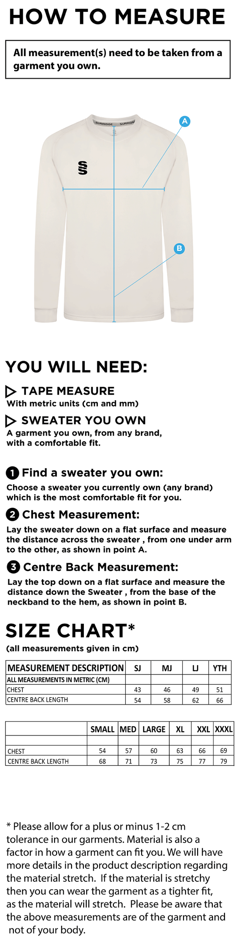 ALEXANDRA PARK Blast Long Sleeve Cricket Sweater - Size Guide