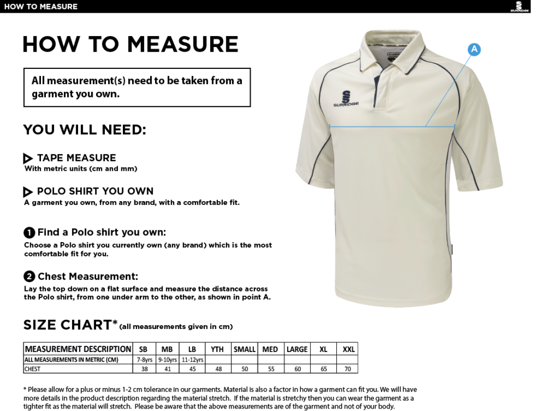 ALEXANDRA PARK Premier Cricket Shirt - Short Sleeve White - Size Guide