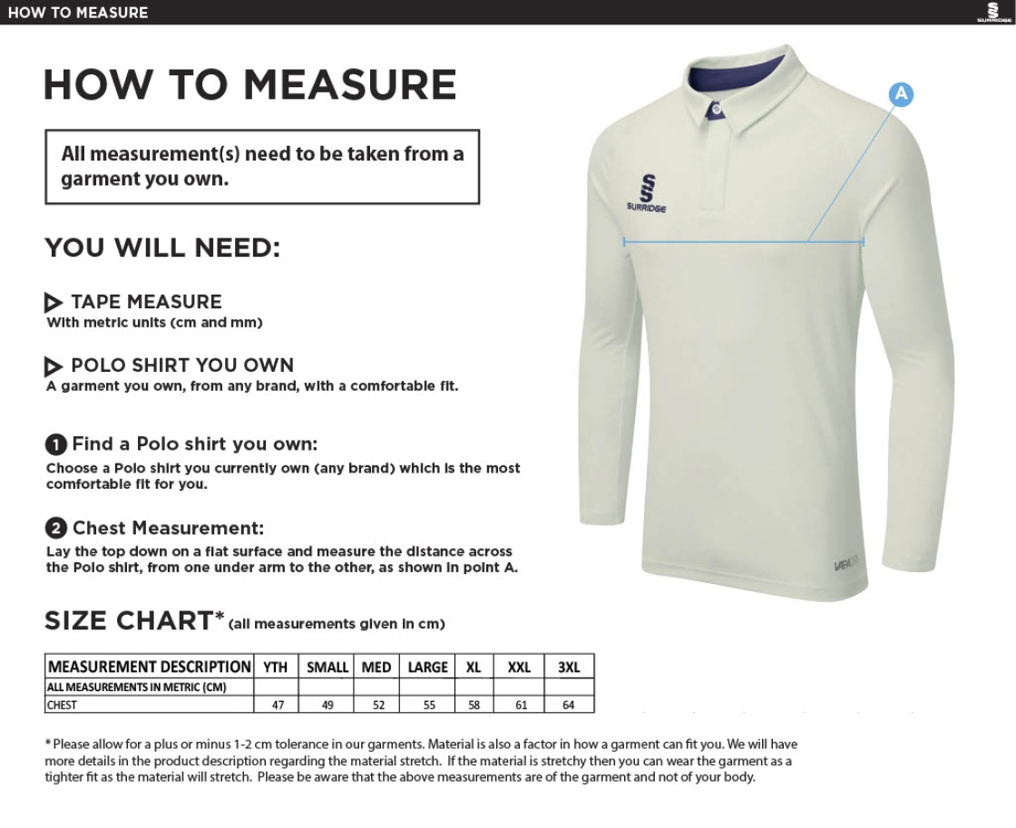 Alexandra Park CC L/S Ergo Playing Shirt - Size Guide